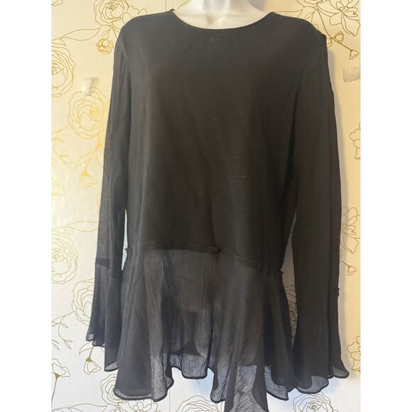 Theory Top Blouse Size Medium Black Idol Bell Sleeve Peplum Wool Silk Trim 077 - Picture 4 of 7